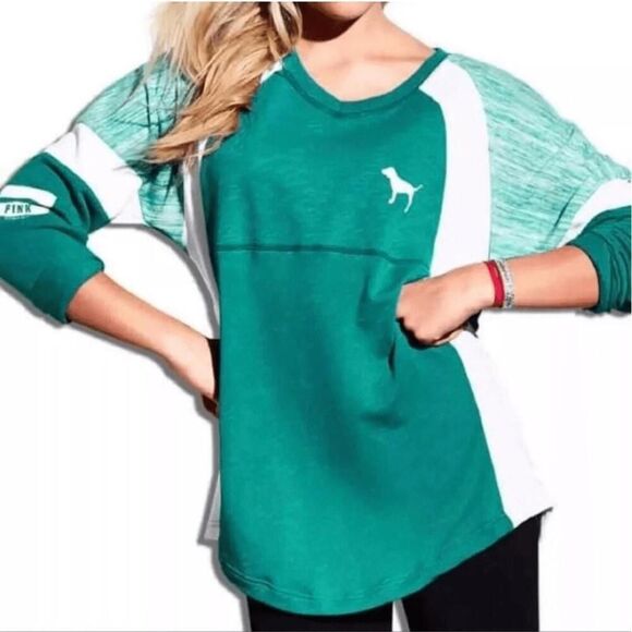 Victorias Secret Small 86 PINK teal crew sweatshirt varsity womens long sleeve - Picture 1 of 7
